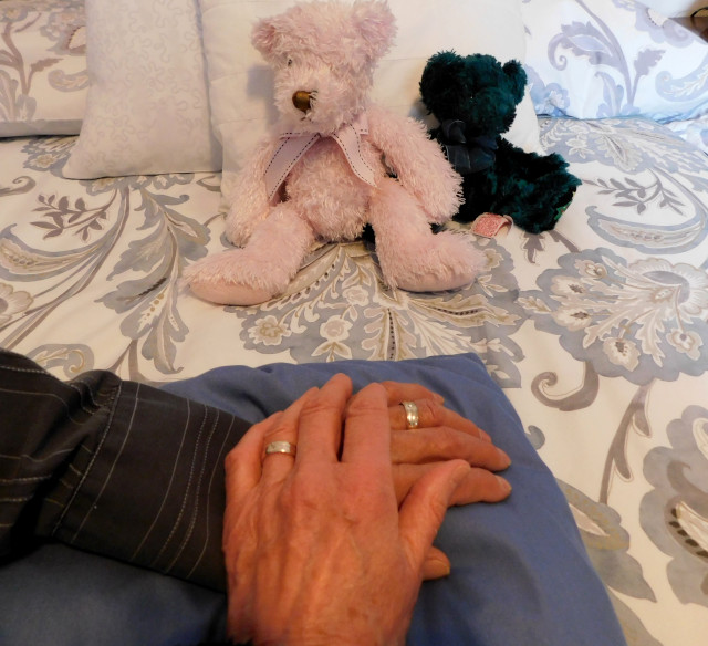 In the foreground are two hands, intertwined (one masculine, the other feminine) with wedding bands visible. The hands rest on a pillow. In the background are other pillows on the bed with two teddy bears in front of the pillows.